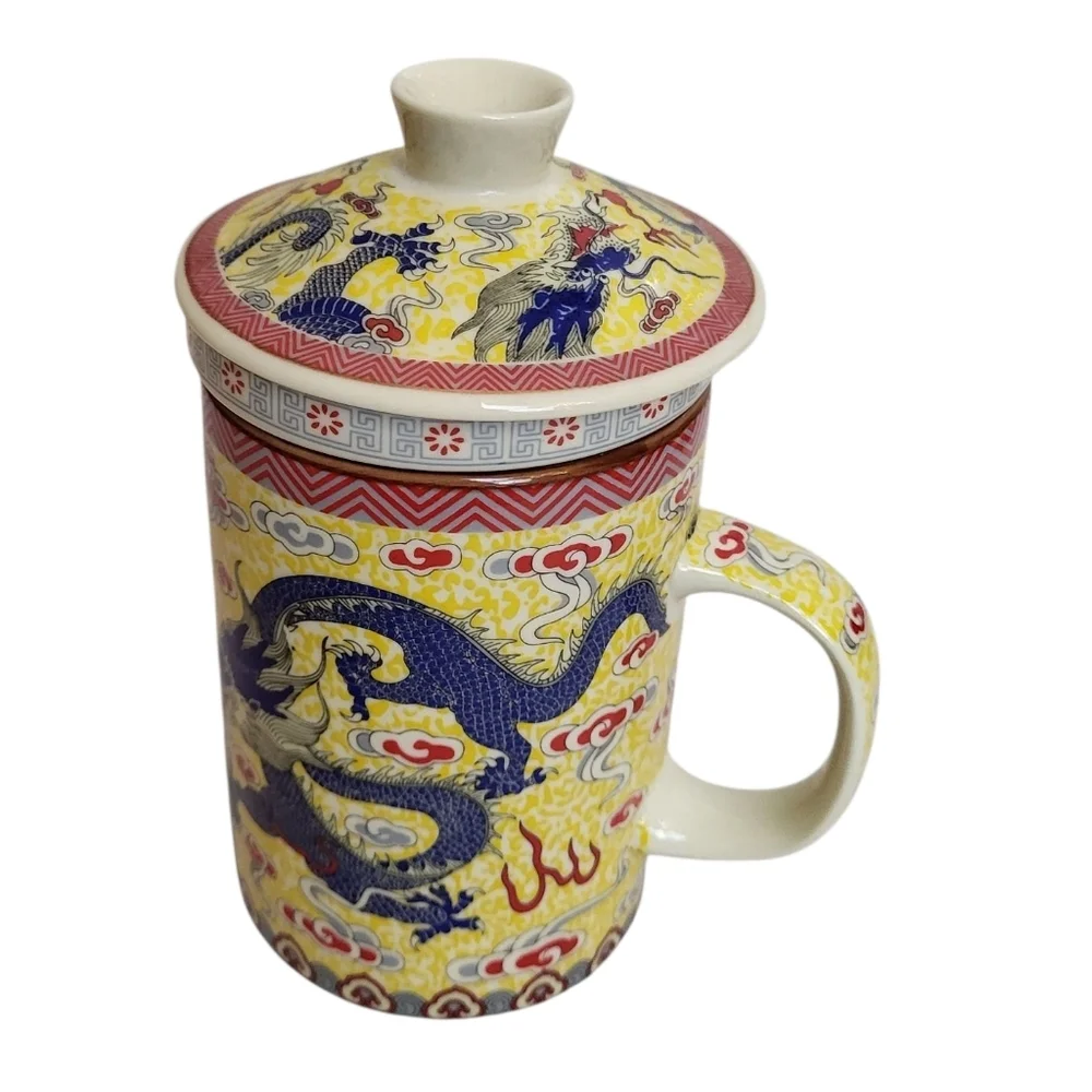 Generic Long Yi Chinese Porcelain Yellow Dragon Design Mug Cup With Lid